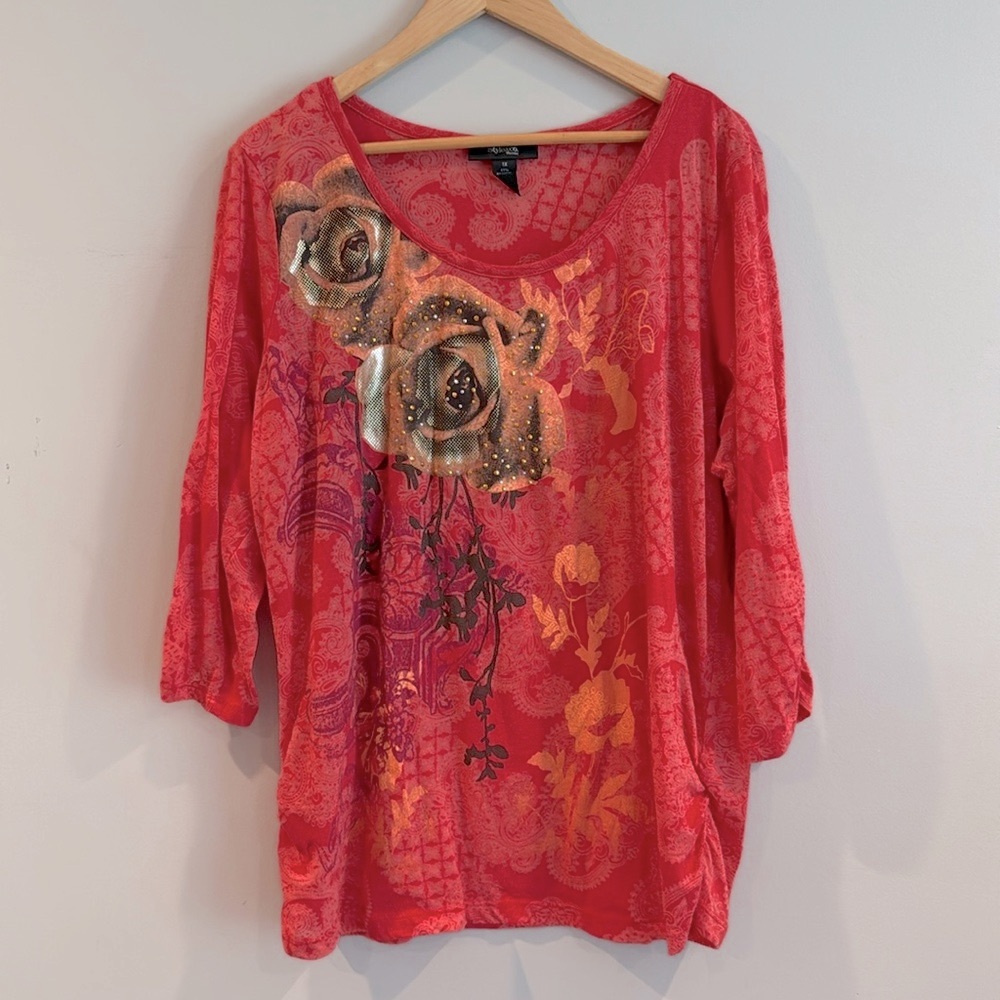 Women's Coral Floral Scoop-Neck Blouse with Metallic Rose Detail